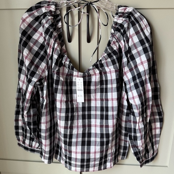 NWT J. Crew Friday Plaid V-Neck Pullover Blouse SZ M Black White & Pink Back Tie - Picture 7 of 15